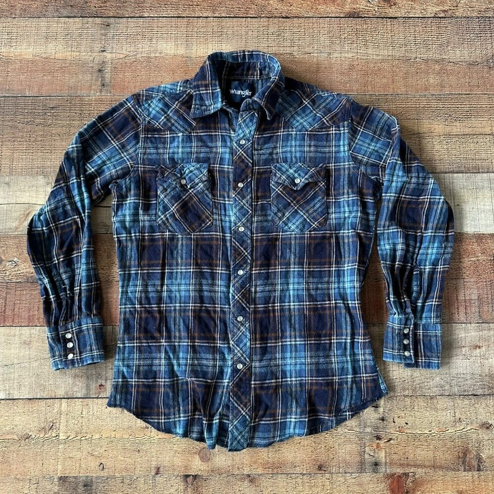 Wrangler mens pearl snap rockabilly long sleeve blue plaid flannel shirt
